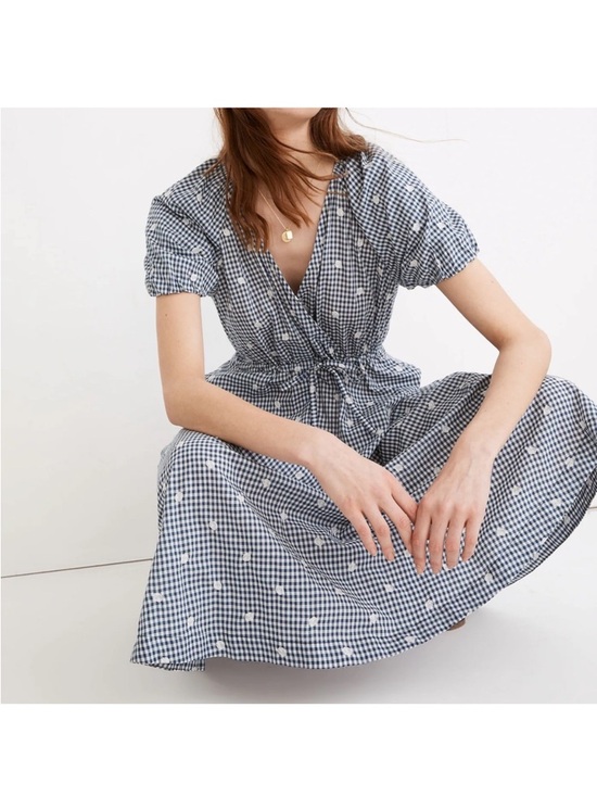 Madewell Dresses & Skirts - Madewell Embroidered Gingham Faux-Wrap Tie-Waist Midi Dress size large